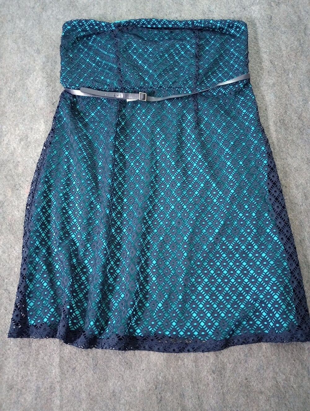 Lane Bryant Size 16 Strapless Lace Dress Teal Blue Eyelet Overlay w/ Belt